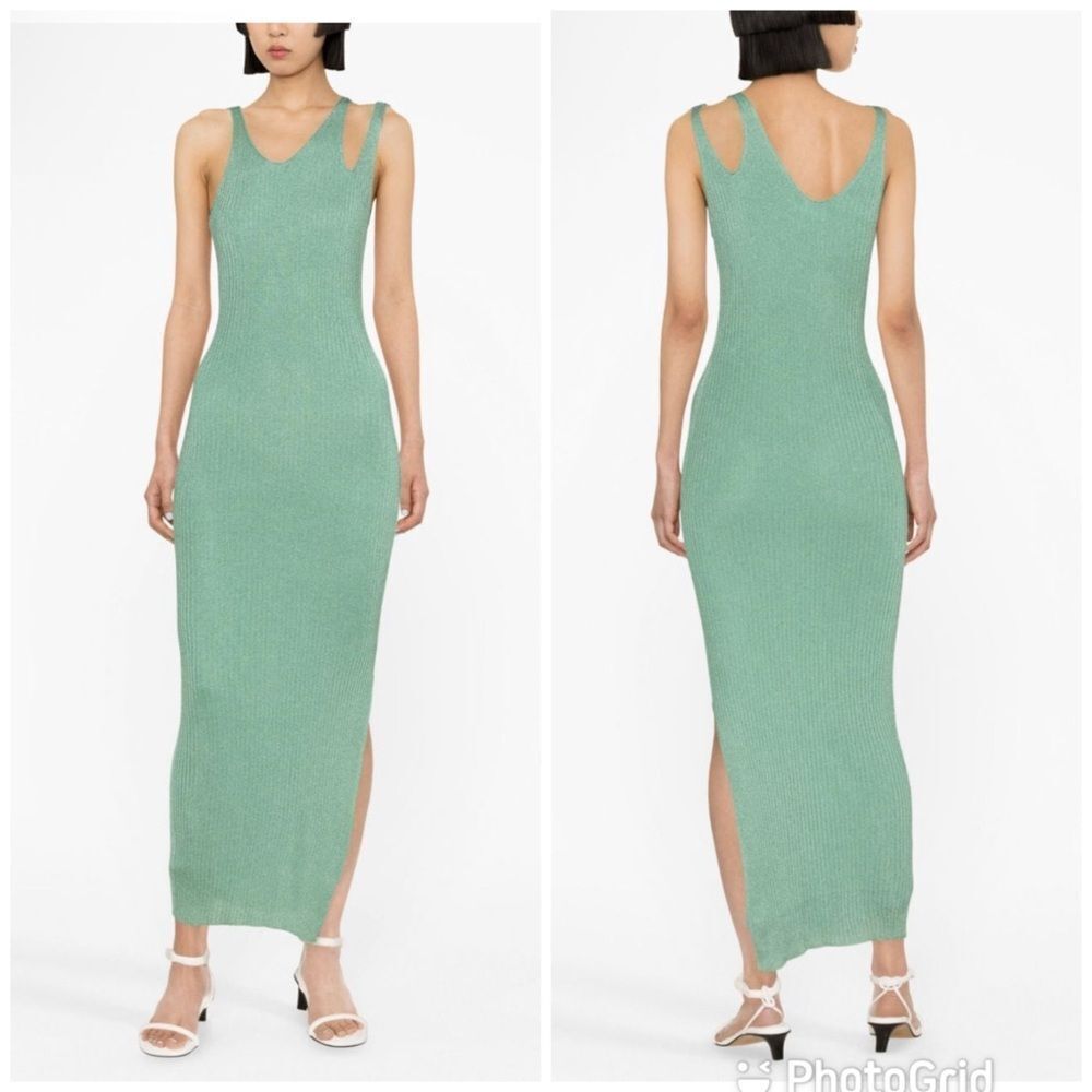 NEW Jonathan Simkhai Ivette Metallic-Rib Midi Dress Deep Sea Green Size Large